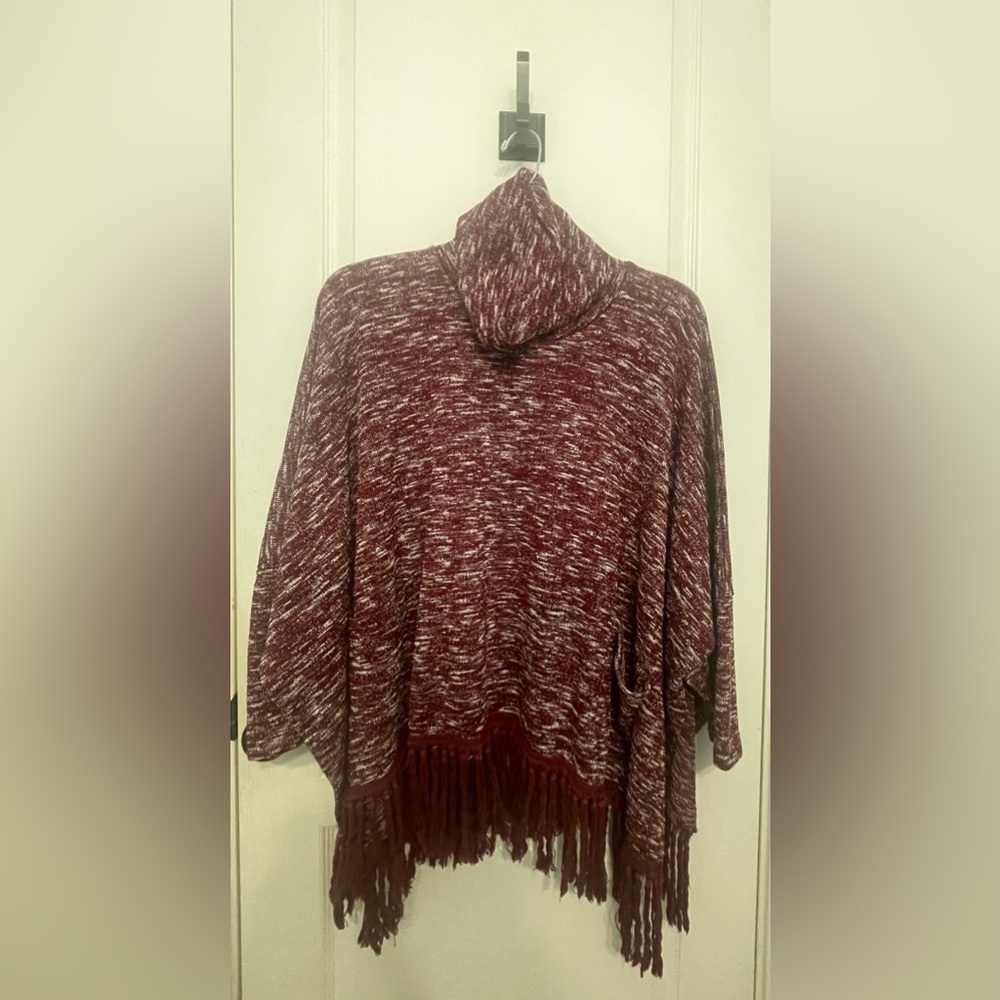 Entro Burgundy Knit Poncho with Fringe